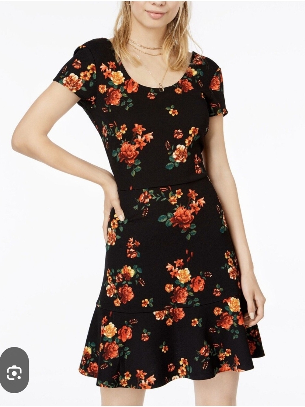 Planet Gold Black Floral Fit & Flare Dress with Orange and Red Roses